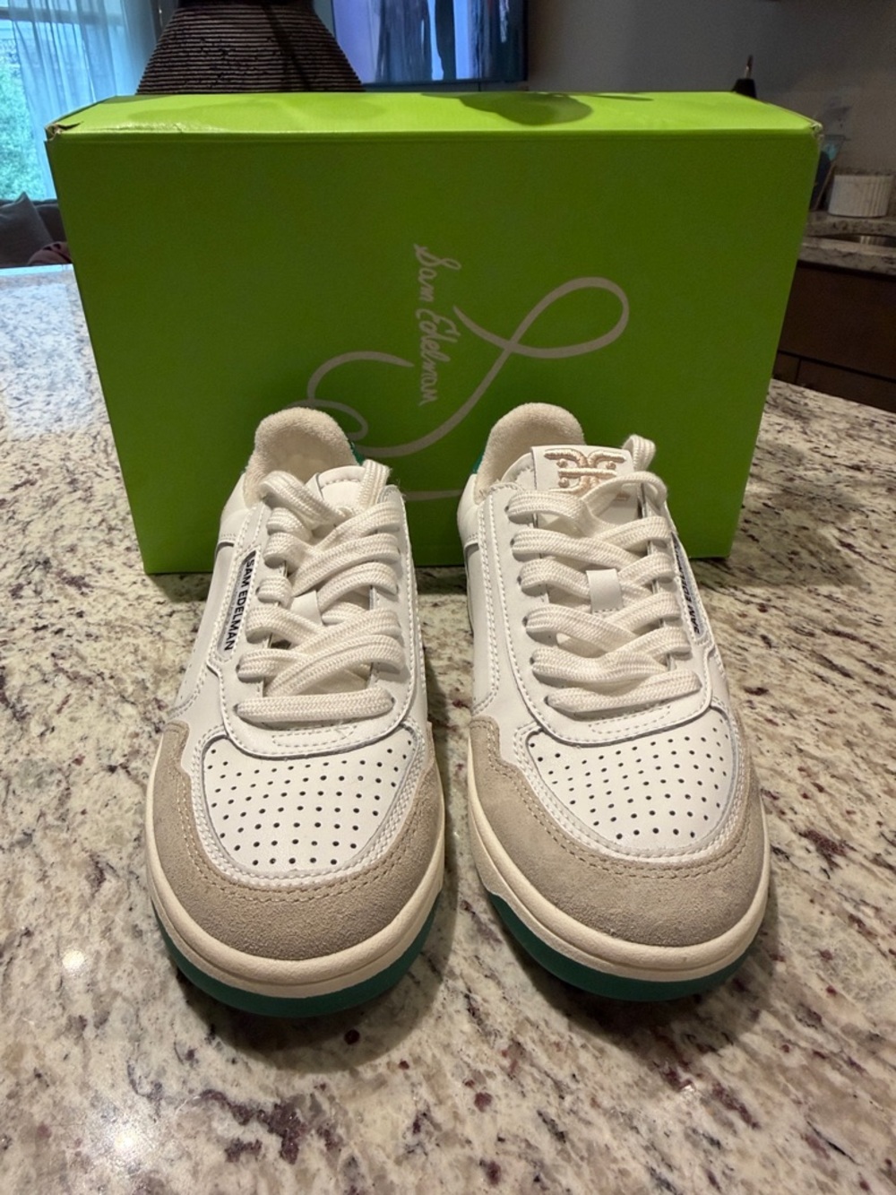 Sam Edelman White and Beige Low-Top Sneakers with Green Soles